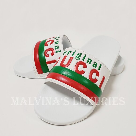 GUCCI SHOES MENS ORIGINAL WHITE LEATHER RUBBER SLIDE SANDAL w WEB sz 8G 8.5 US - Picture 4 of 15